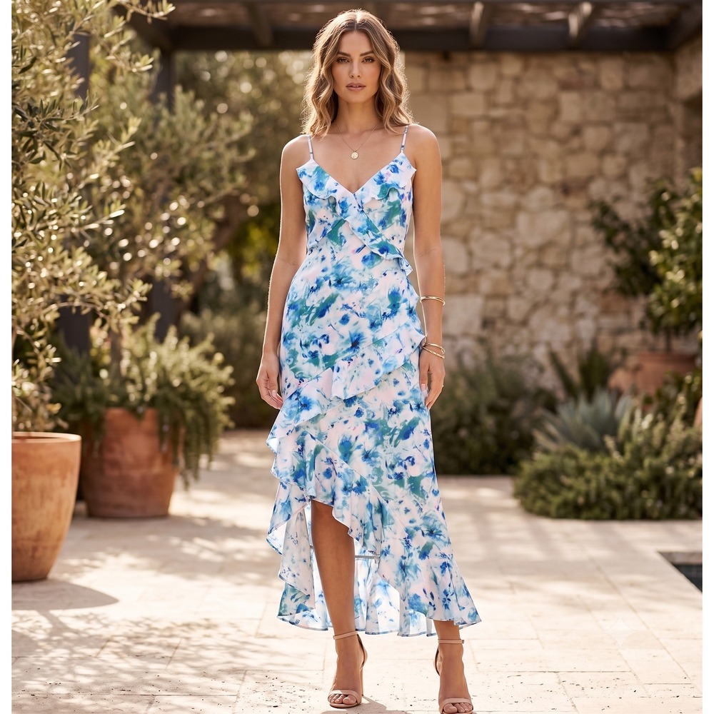 Japna Floral Ruffle Babydoll Maxi Dress Size L Smocked Resort Vacation Whimsical